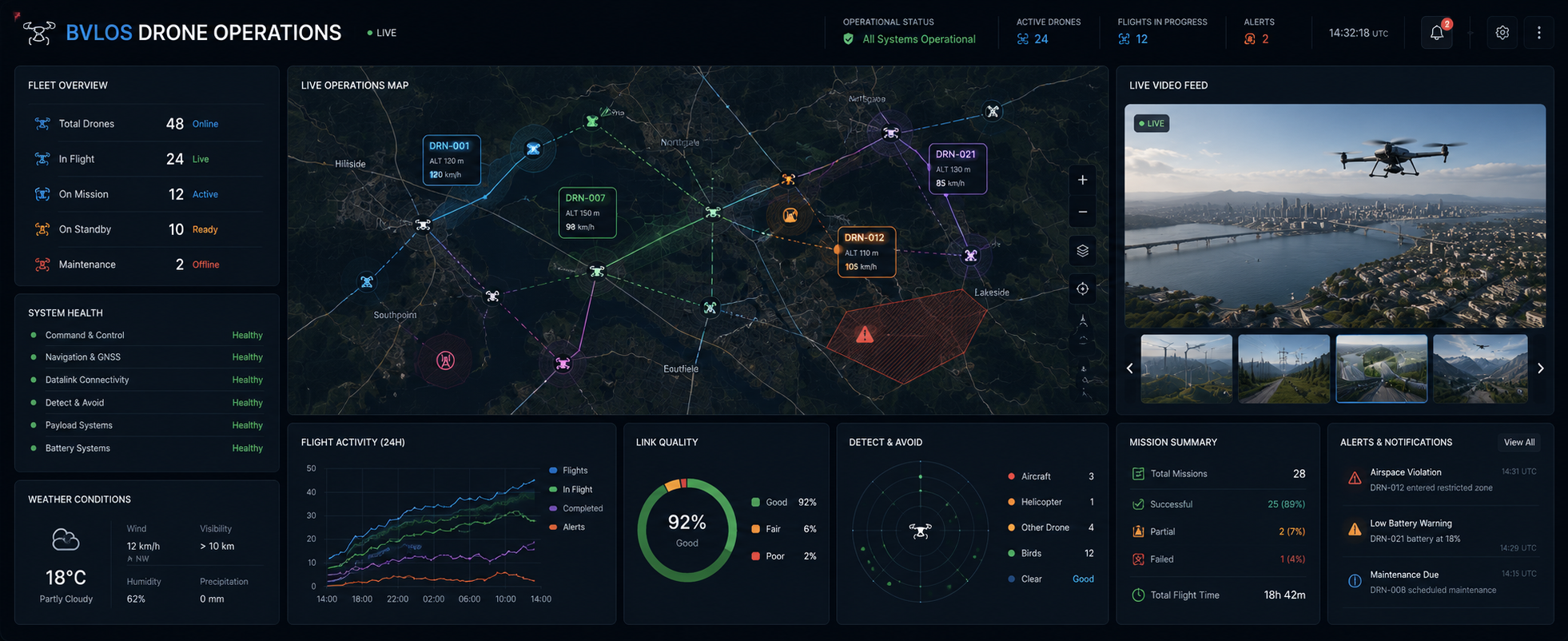BVLOS drone operations: live fleet map, mission control, and detect-and-avoid oversight