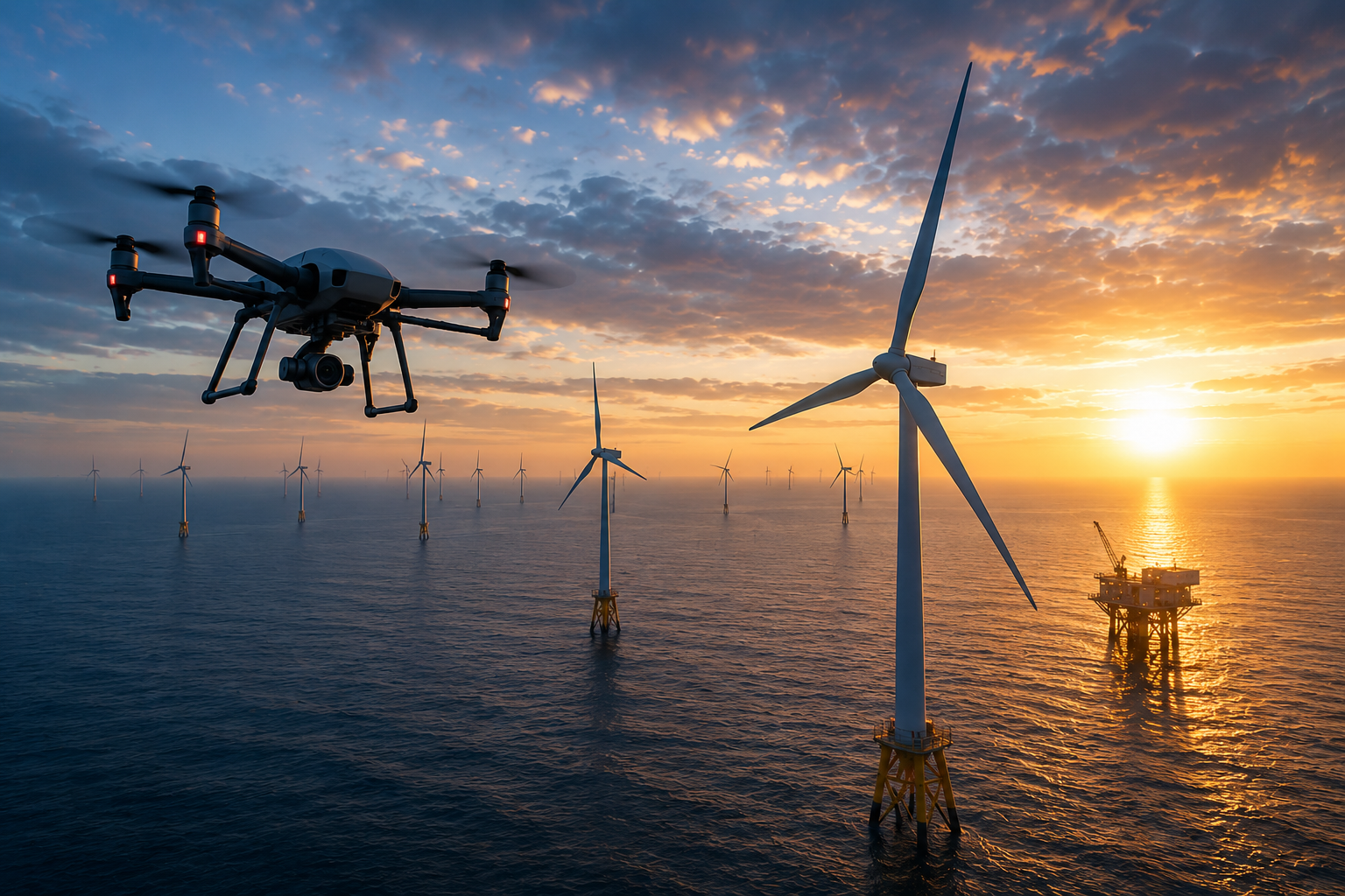 Offshore wind energy: drone operations over turbines and platforms at sea