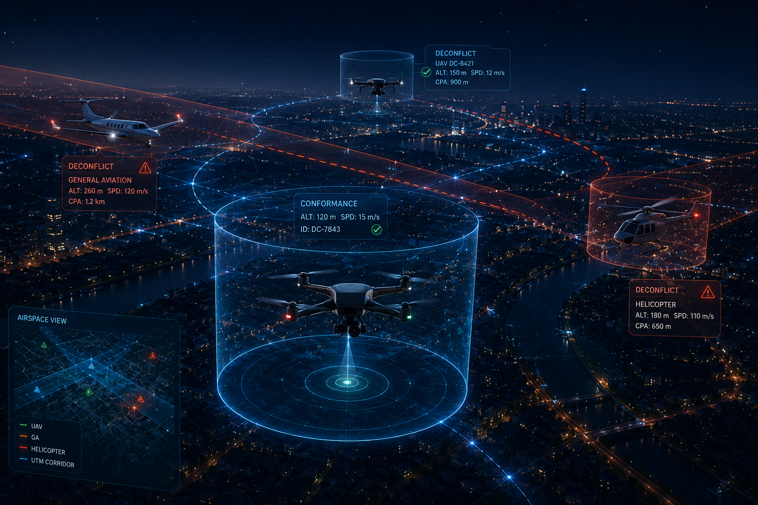 Live operational airspace map showing OIVs, aircraft tracks, corridors, conflict alerts and strategic deconfliction