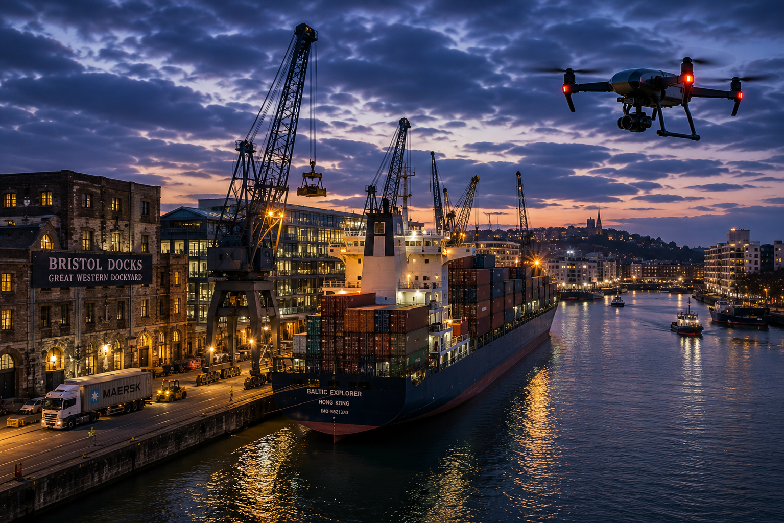 Ports and maritime: drone over container terminal, cranes, and harbour operations