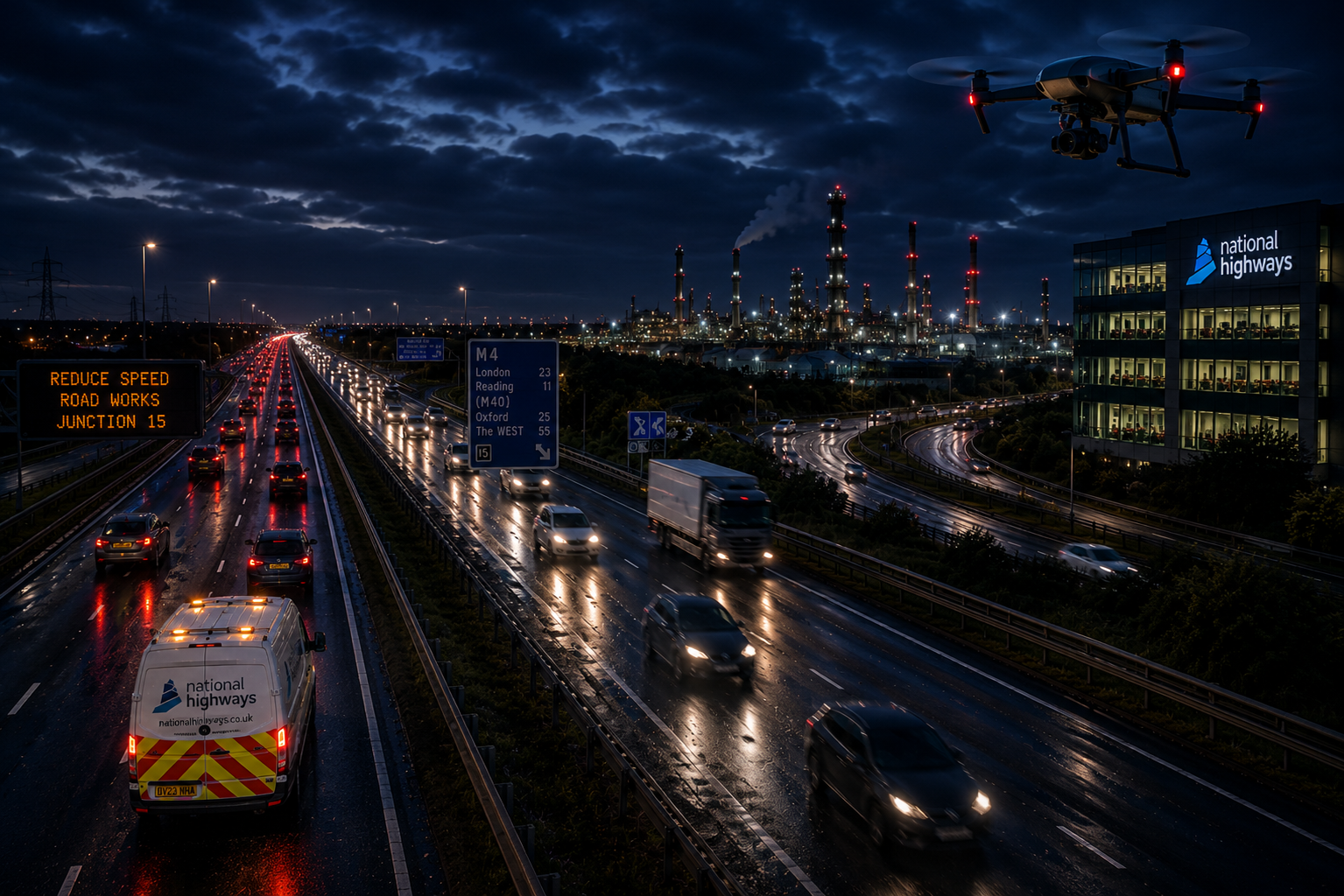 Roads and highways: drone over motorway traffic, signage, and network operations