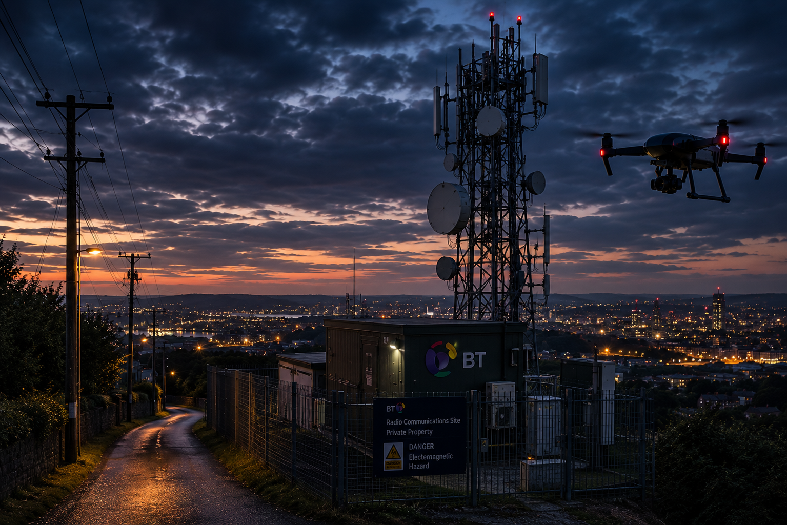 Telecommunications: drone near mast, dishes, and radio site infrastructure