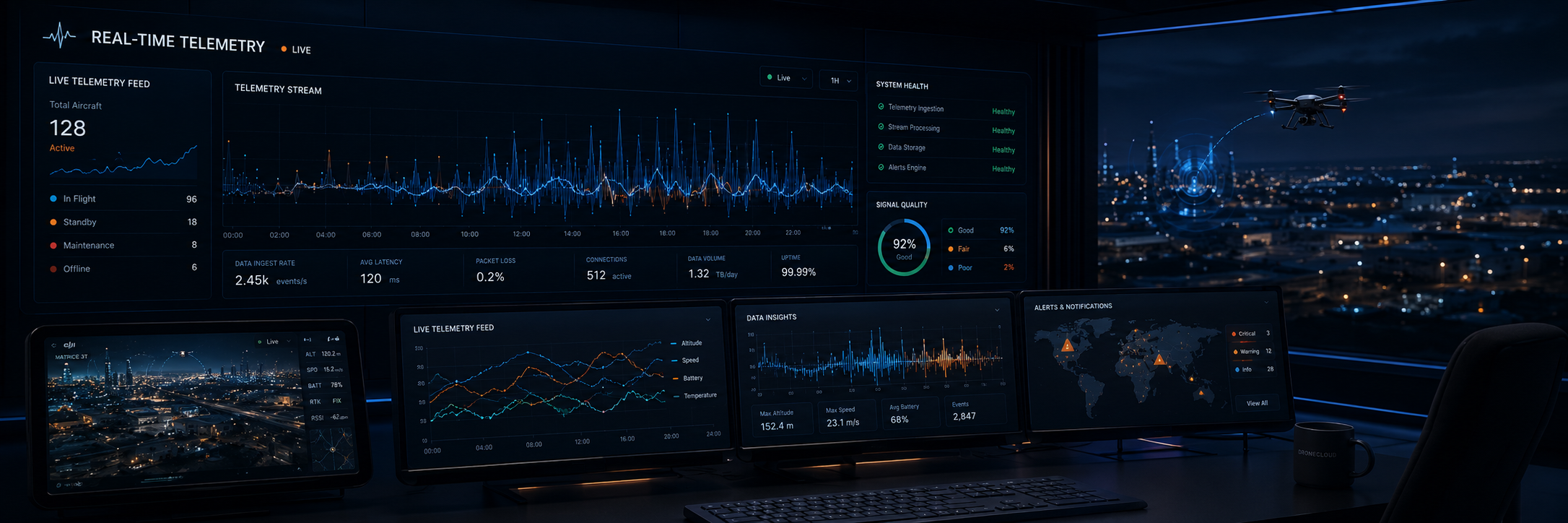 Real-time telemetry: operations control room, live data streams, and flight oversight