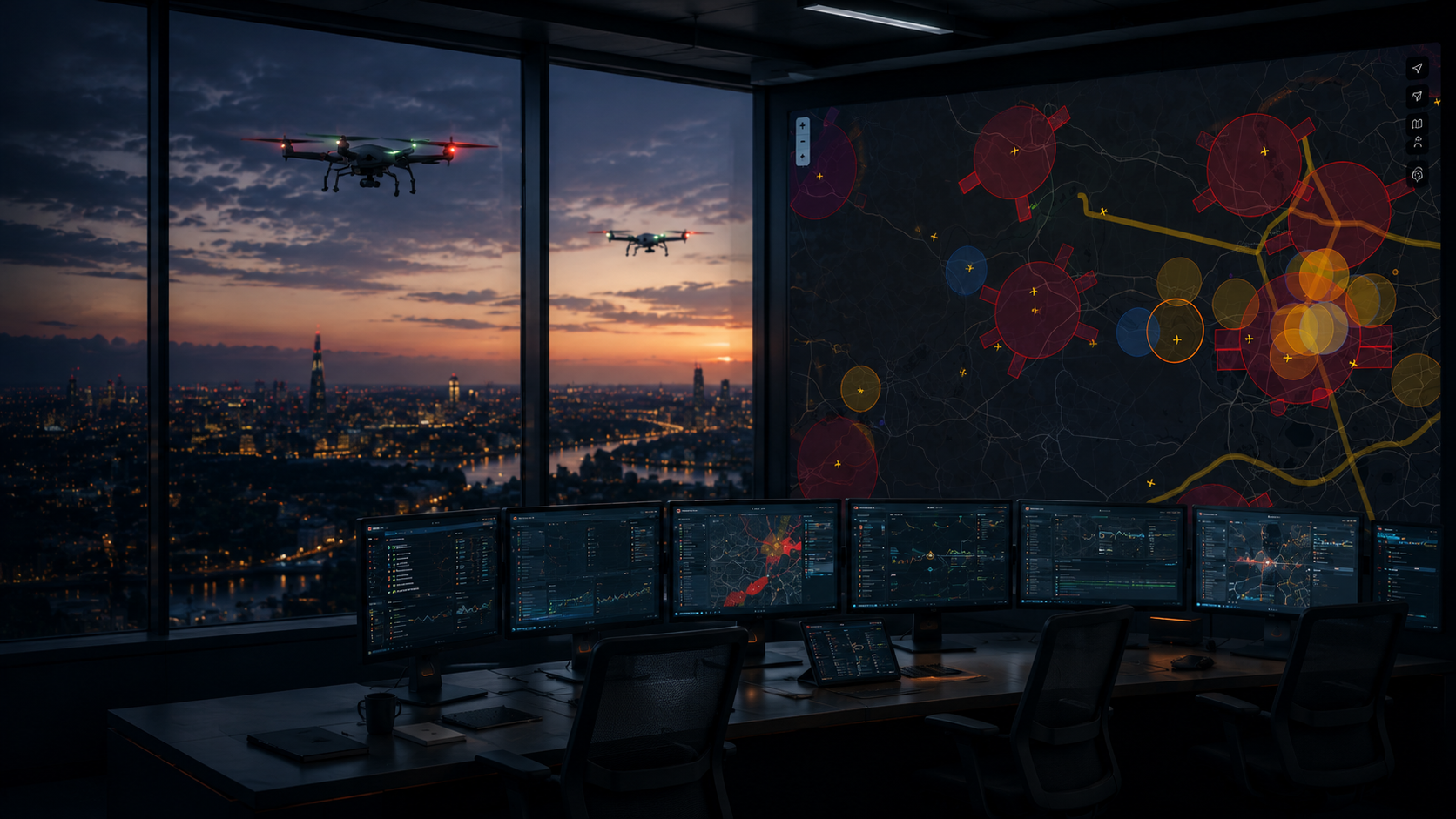 UTM consultation operations room with flight monitoring and airspace coordination map