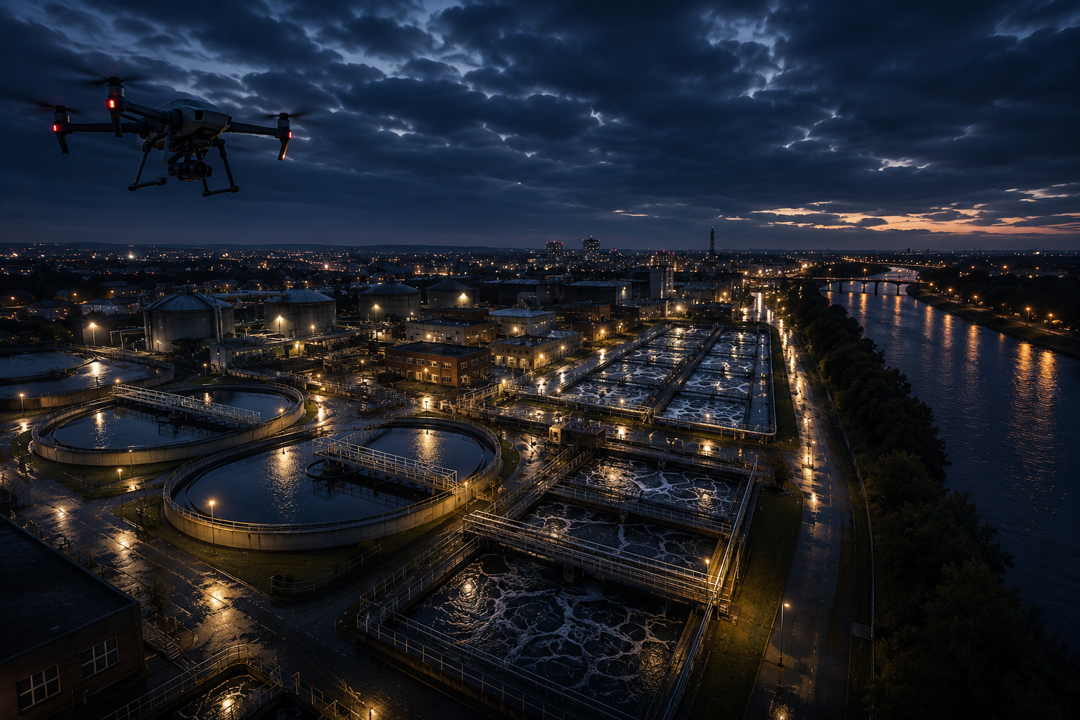 Water infrastructure: drone over treatment works and river catchment