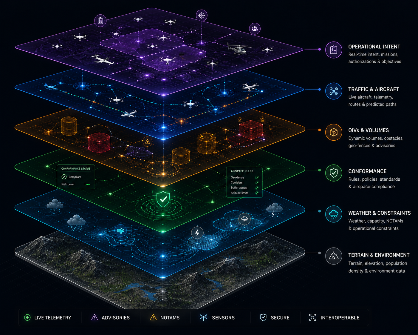 Isometric airspace layer stack showing Operational Intent, Traffic, OIVs, Conformance, Weather and Terrain